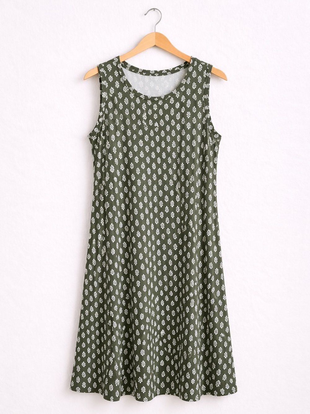 Sleeveless Olive Green Printed A-Line Dress Summer Flowy Stretch